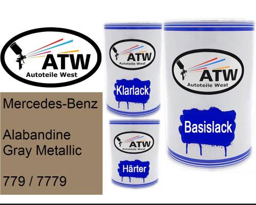 Mercedes-Benz, Alabandine Gray Metallic, 779 / 7779: 500ml Lackdose + 500ml Klarlack + 250ml Härter - Set, von ATW Autoteile West.